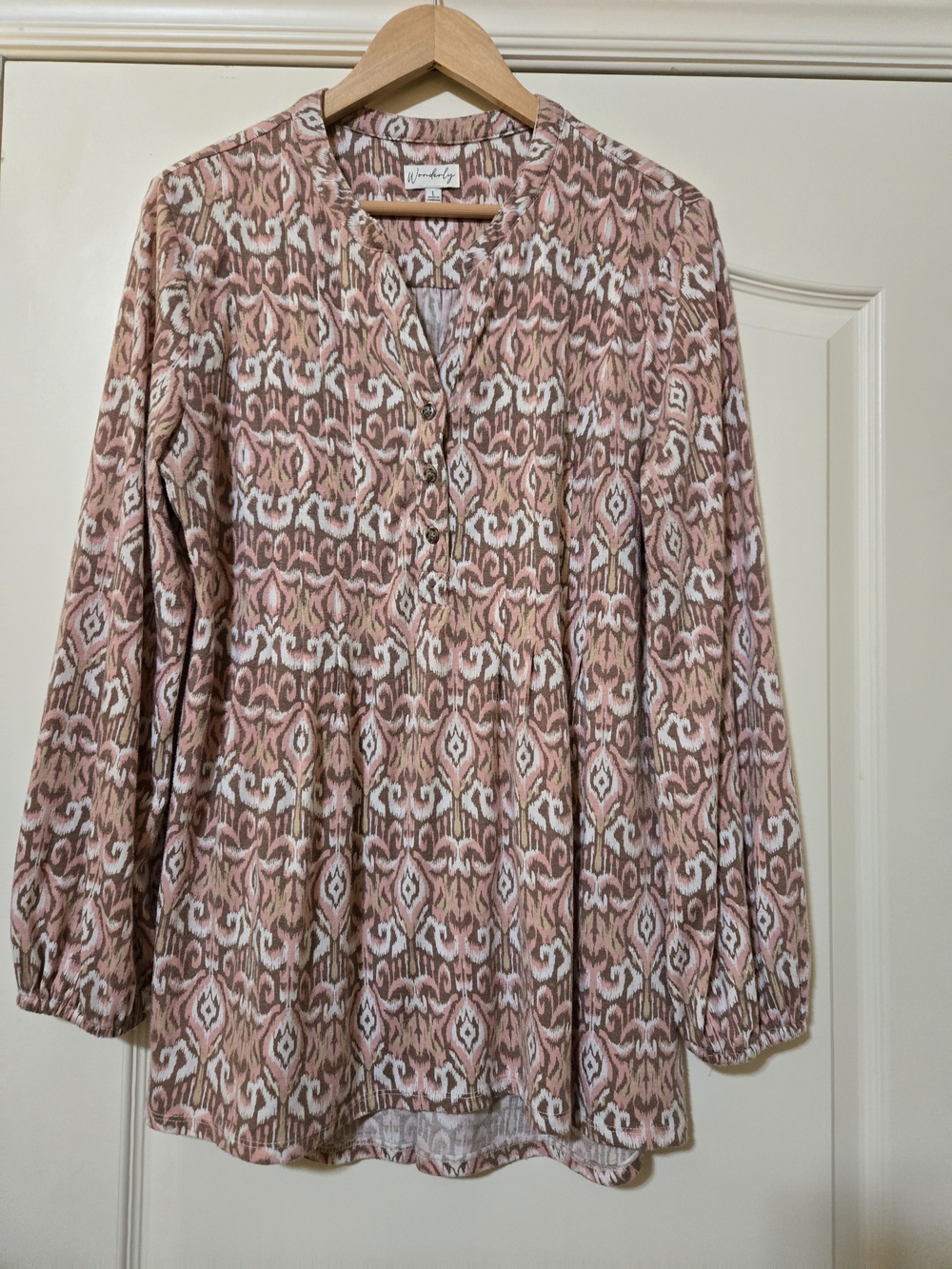 Wonderly Pink, White & Brown Printed Long-Sleeve Tunic Flowy Drapey Cozy